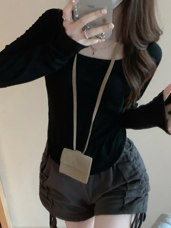 Long Sleeves Skinny Solid Color Square-Neck T-Shirts Tops - Image 12