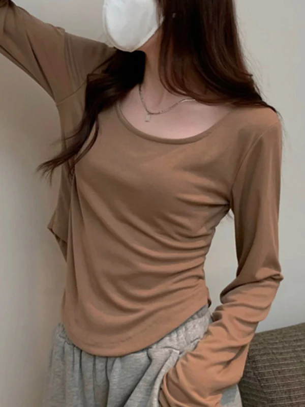Long Sleeves Skinny Solid Color Square-Neck T-Shirts Tops - Image 13