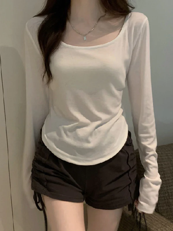Long Sleeves Skinny Solid Color Square-Neck T-Shirts Tops - Image 14