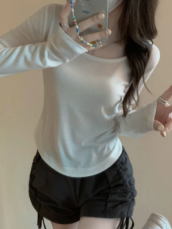 Long Sleeves Skinny Solid Color Square-Neck T-Shirts Tops - Image 15
