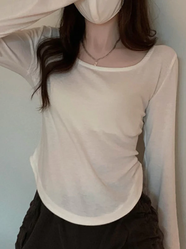 Long Sleeves Skinny Solid Color Square-Neck T-Shirts Tops - Image 16