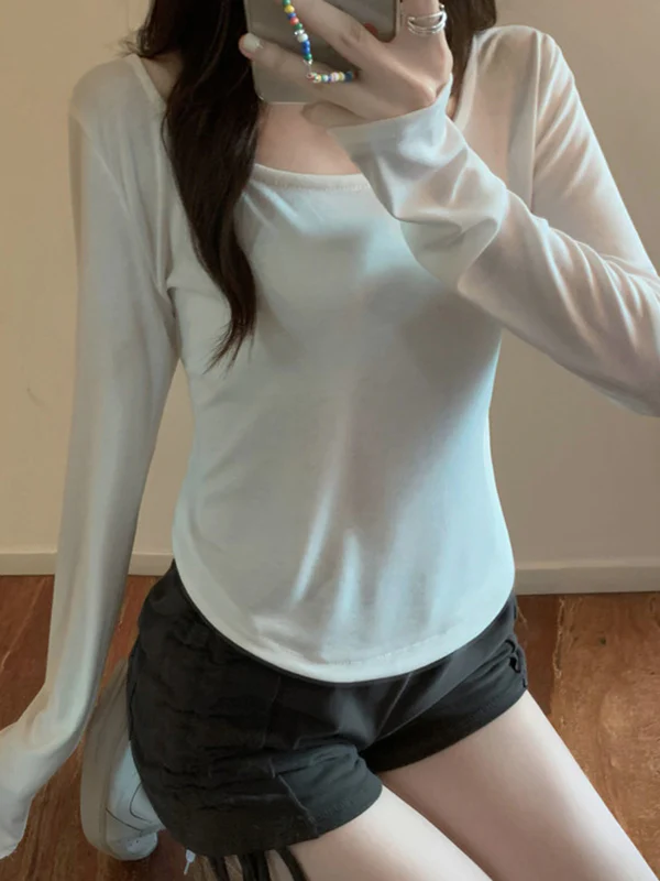 Long Sleeves Skinny Solid Color Square-Neck T-Shirts Tops - Image 17