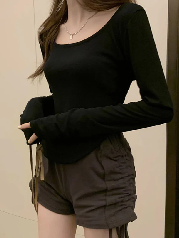 Long Sleeves Skinny Solid Color Square-Neck T-Shirts Tops - Image 2