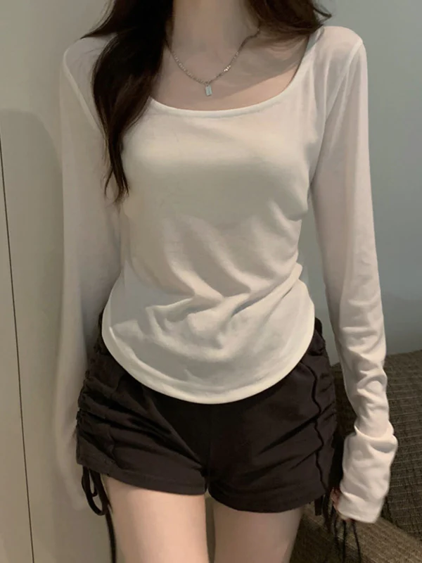 Long Sleeves Skinny Solid Color Square-Neck T-Shirts Tops - Image 4