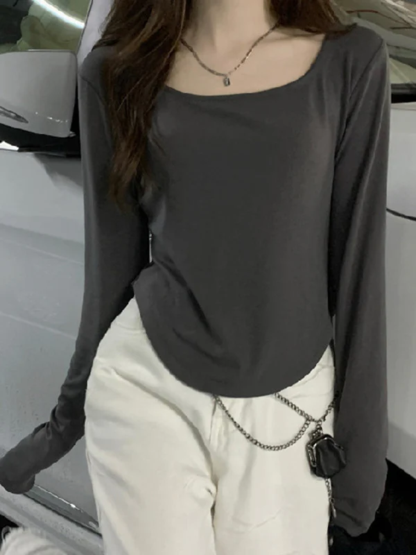 Long Sleeves Skinny Solid Color Square-Neck T-Shirts Tops - Image 6