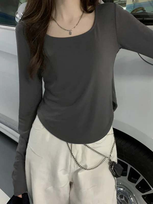 Long Sleeves Skinny Solid Color Square-Neck T-Shirts Tops - Image 7