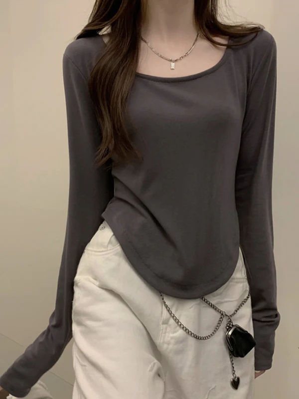 Long Sleeves Skinny Solid Color Square-Neck T-Shirts Tops - Image 8