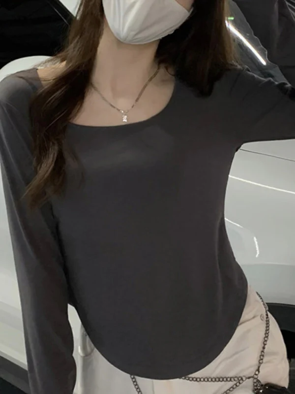 Long Sleeves Skinny Solid Color Square-Neck T-Shirts Tops - Image 9