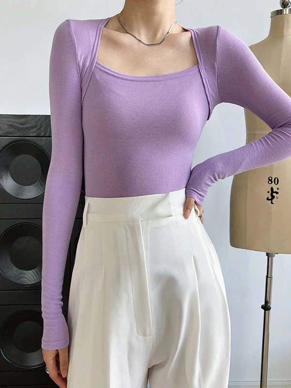 Long Sleeves Skinny Solid Color Square-Neck T-Shirts Tops - Image 10