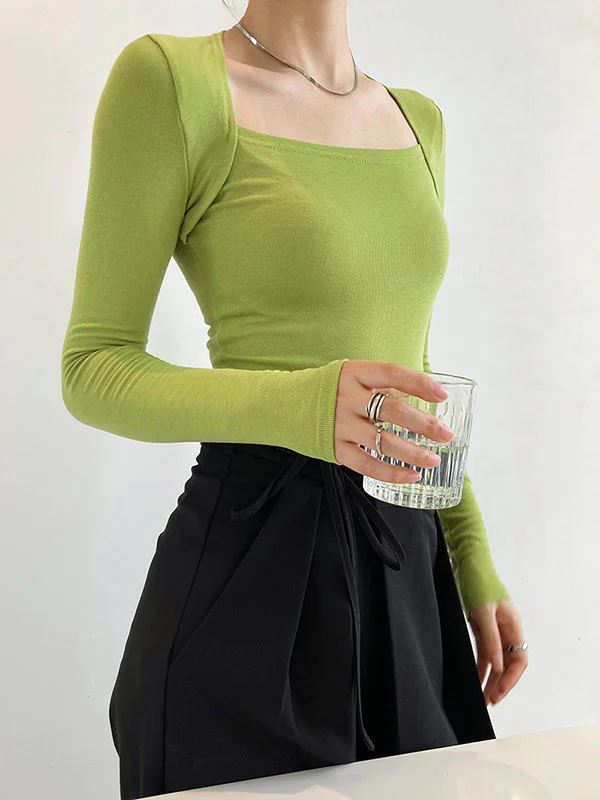 Long Sleeves Skinny Solid Color Square-Neck T-Shirts Tops - Image 12
