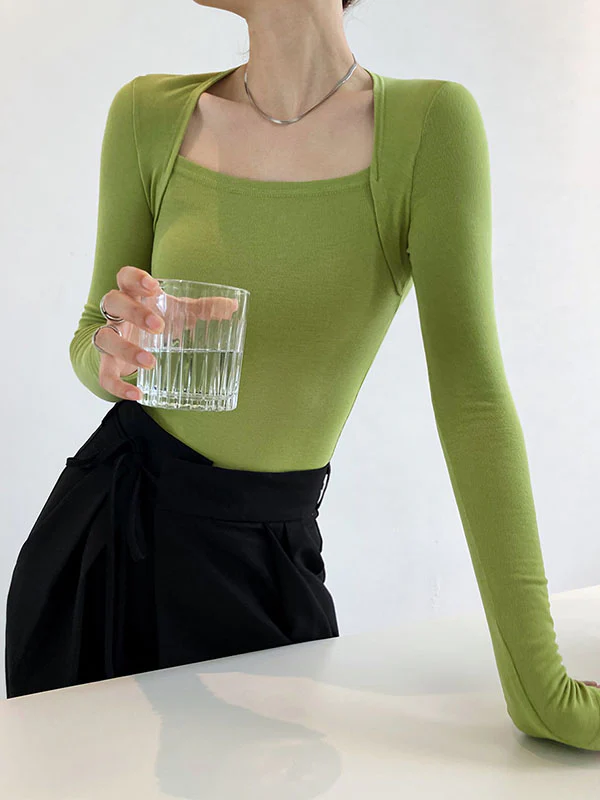 Long Sleeves Skinny Solid Color Square-Neck T-Shirts Tops - Image 14