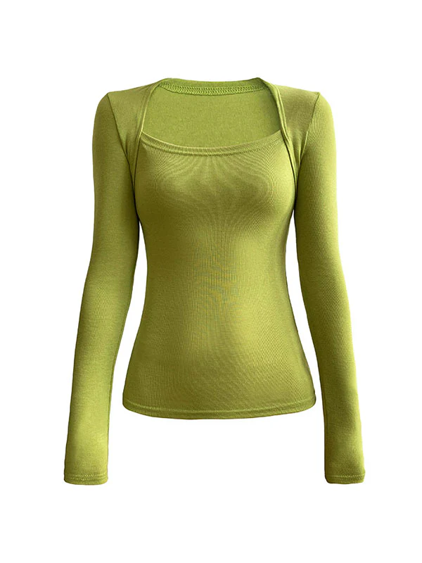 Long Sleeves Skinny Solid Color Square-Neck T-Shirts Tops - Image 16