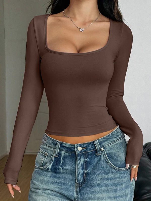 Long Sleeves Skinny Solid Color Square-Neck T-Shirts Tops - Image 13