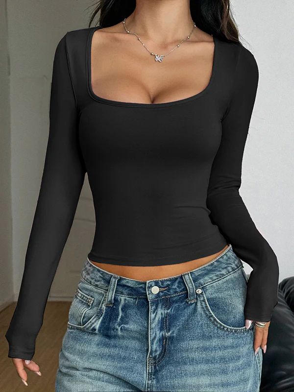 Long Sleeves Skinny Solid Color Square-Neck T-Shirts Tops - Image 8