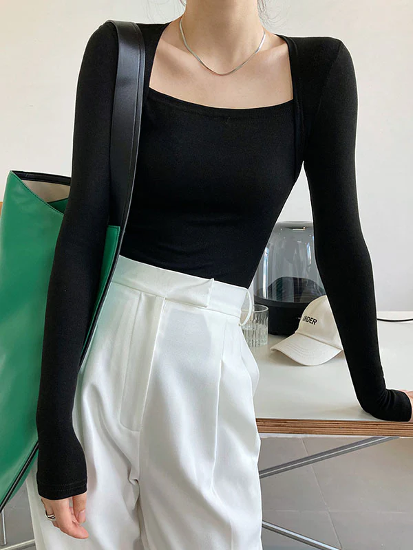Long Sleeves Skinny Solid Color Square-Neck T-Shirts Tops - Image 4