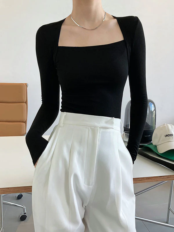 Long Sleeves Skinny Solid Color Square-Neck T-Shirts Tops - Image 5