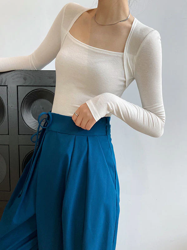 Long Sleeves Skinny Solid Color Square-Neck T-Shirts Tops - Image 8