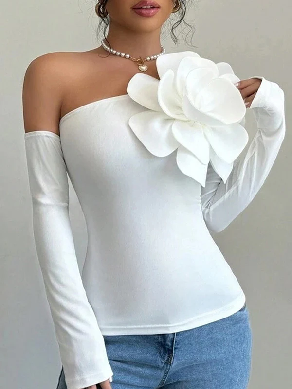 Long Sleeves Skinny Solid Color Three-Dimensional Flower One-Shoulder T-Shirts Tops - Image 2