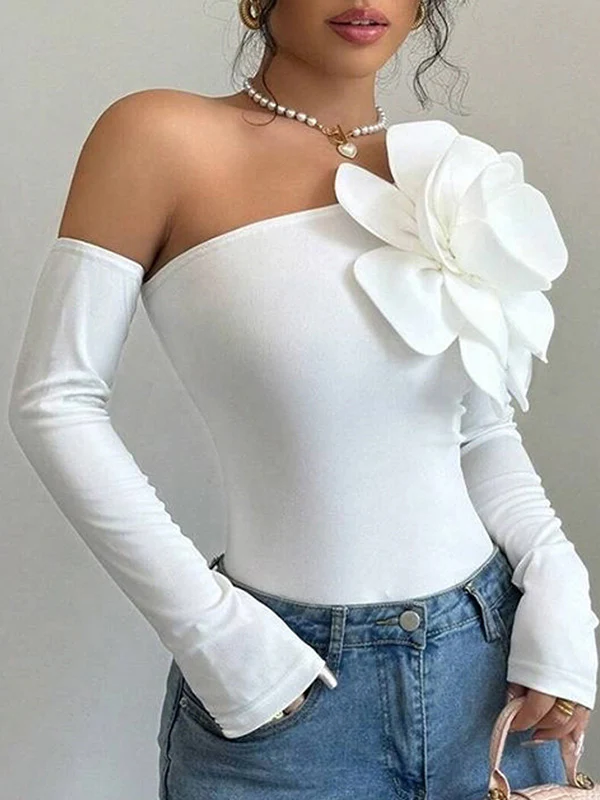 Long Sleeves Skinny Solid Color Three-Dimensional Flower One-Shoulder T-Shirts Tops - Image 3