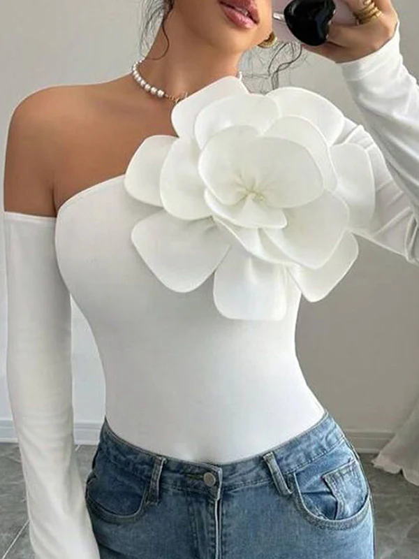Long Sleeves Skinny Solid Color Three-Dimensional Flower One-Shoulder T-Shirts Tops - Image 4