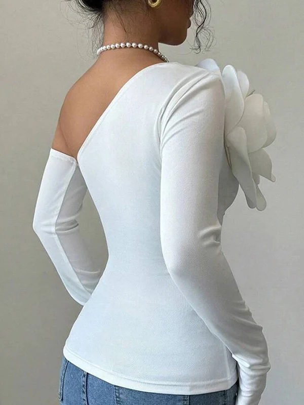 Long Sleeves Skinny Solid Color Three-Dimensional Flower One-Shoulder T-Shirts Tops - Image 5