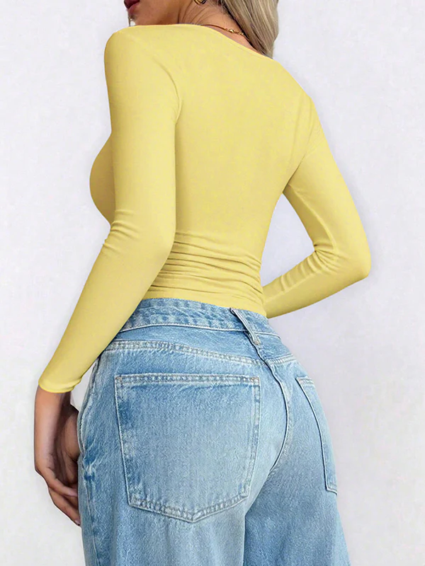 Long Sleeves Skinny Solid Color U-Neck T-Shirts Tops - Image 11
