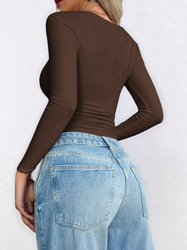 Long Sleeves Skinny Solid Color U-Neck T-Shirts Tops - Image 6