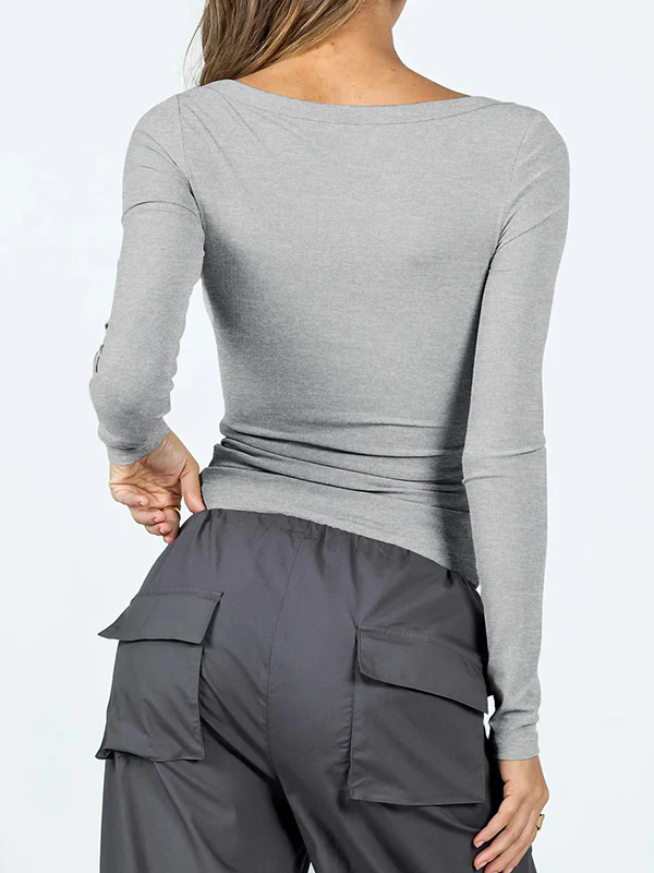 Long Sleeves Skinny Solid Color U-Neck T-Shirts Tops - Image 10