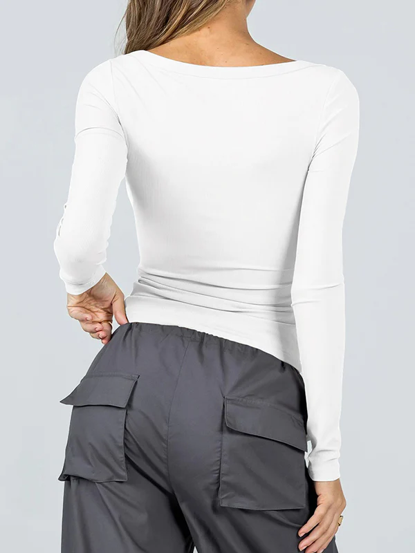 Long Sleeves Skinny Solid Color U-Neck T-Shirts Tops - Image 23
