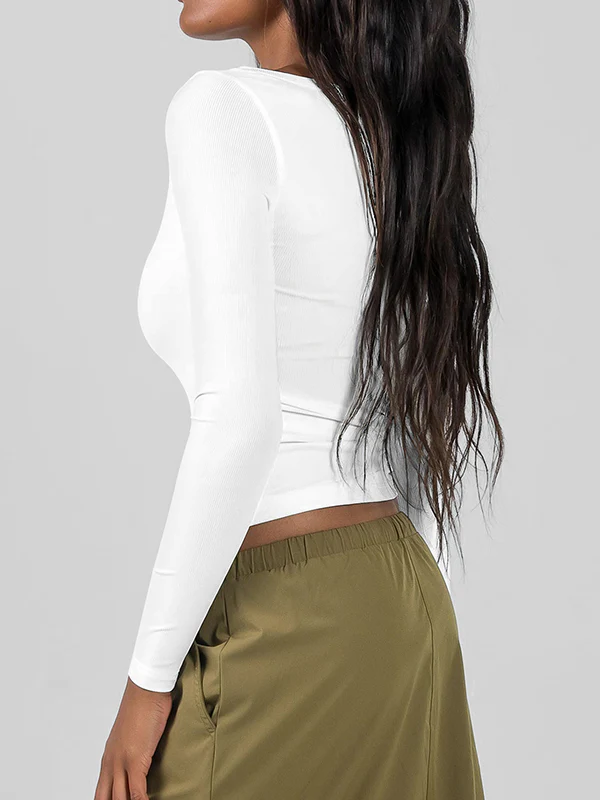 Long Sleeves Skinny Solid Color U-Neck T-Shirts Tops - Image 26