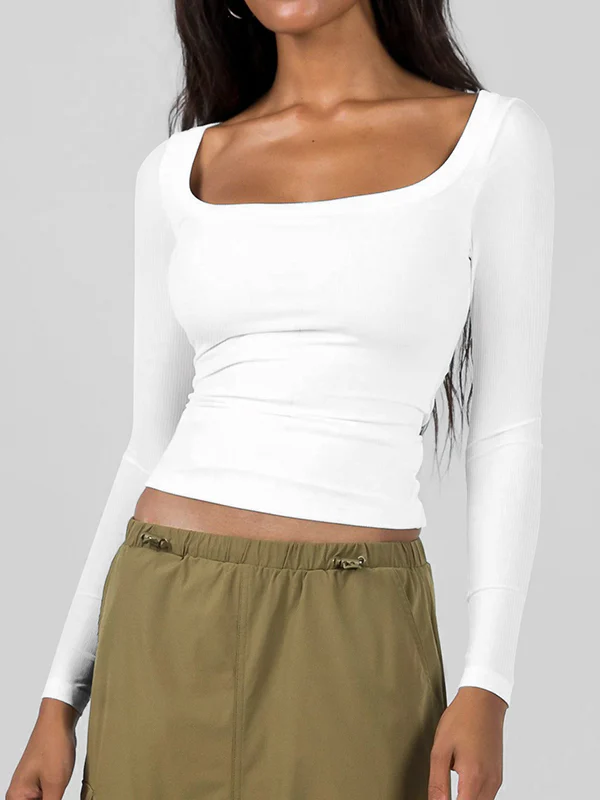 Long Sleeves Skinny Solid Color U-Neck T-Shirts Tops - Image 4