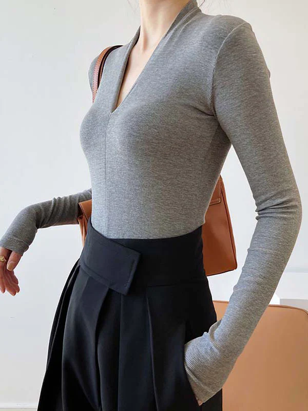 Long Sleeves Skinny Solid Color V-Neck T-Shirts Tops - Image 10