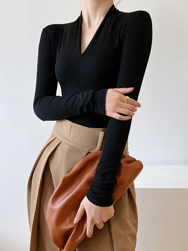 Long Sleeves Skinny Solid Color V-Neck T-Shirts Tops - Image 12