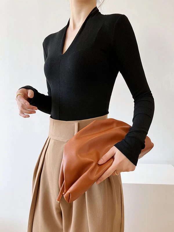 Long Sleeves Skinny Solid Color V-Neck T-Shirts Tops - Image 13
