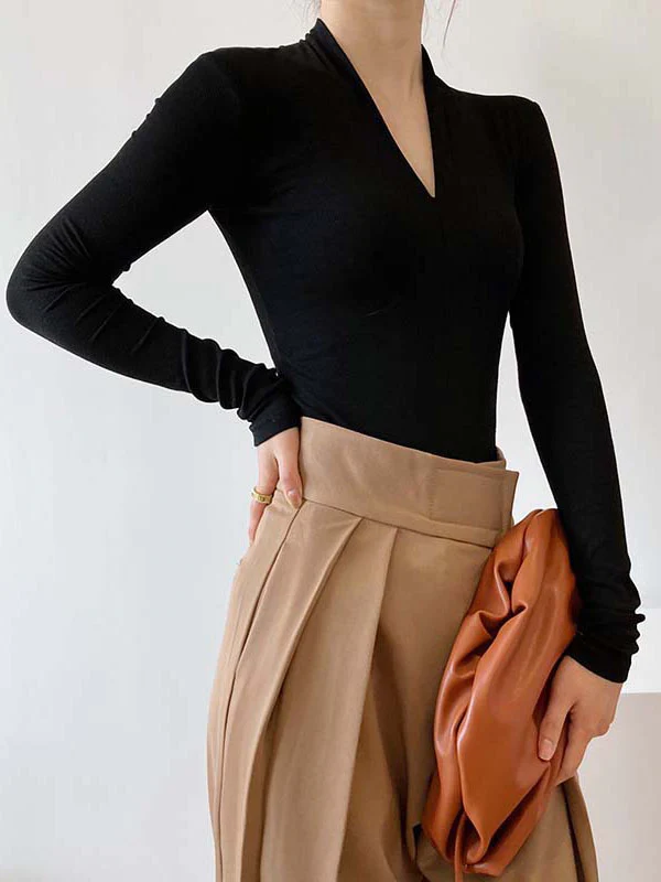 Long Sleeves Skinny Solid Color V-Neck T-Shirts Tops - Image 14