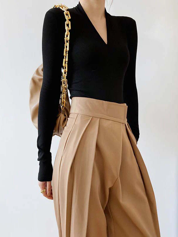 Long Sleeves Skinny Solid Color V-Neck T-Shirts Tops - Image 15