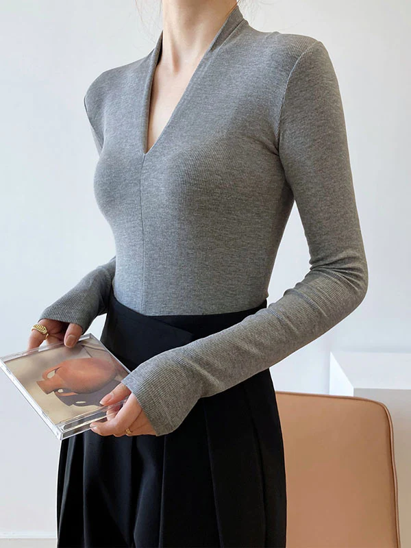 Long Sleeves Skinny Solid Color V-Neck T-Shirts Tops - Image 2