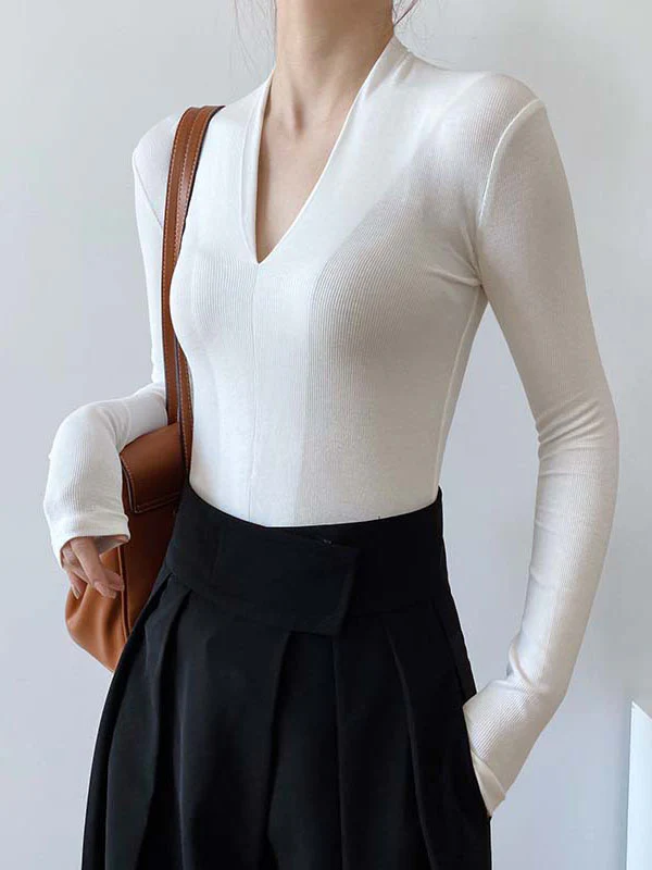 Long Sleeves Skinny Solid Color V-Neck T-Shirts Tops - Image 3