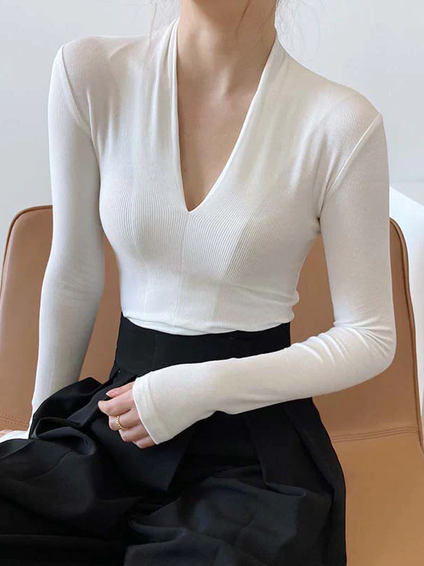 Long Sleeves Skinny Solid Color V-Neck T-Shirts Tops - Image 7