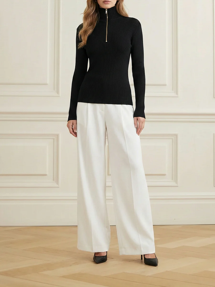 Long Sleeves Skinny Solid Color Zipper High Neck Pullovers - Image 2