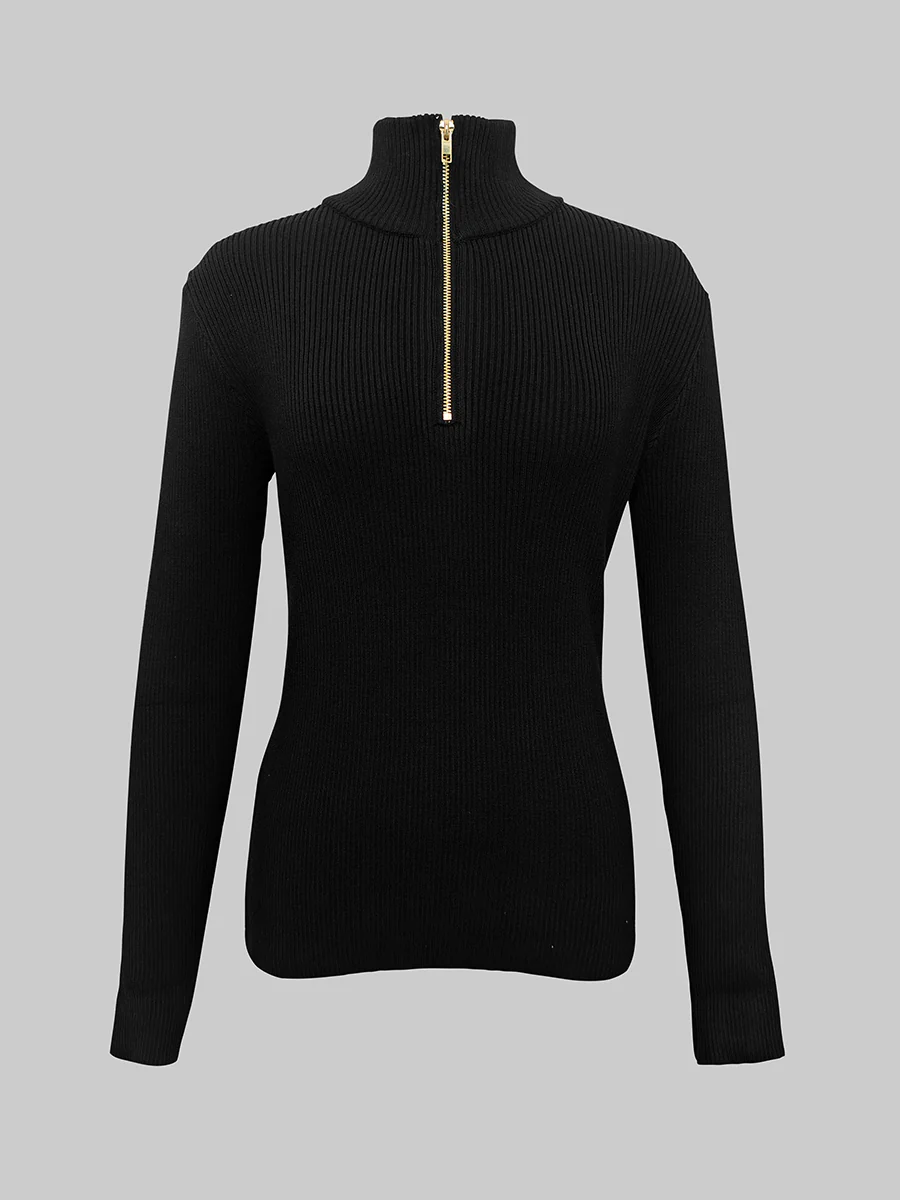 Long Sleeves Skinny Solid Color Zipper High Neck Pullovers - Image 6