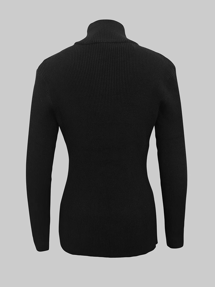 Long Sleeves Skinny Solid Color Zipper High Neck Pullovers - Image 7