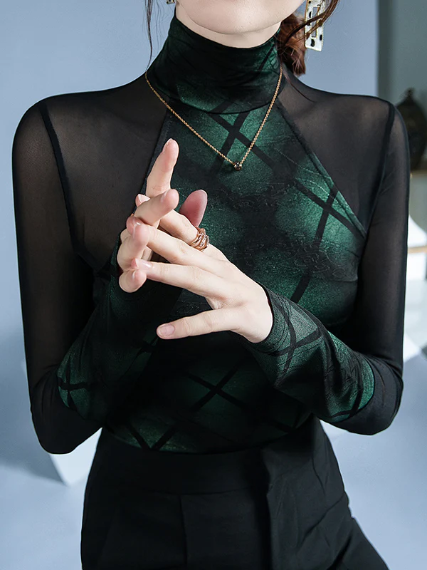 Long Sleeves Skinny Split-Joint High Neck T-Shirts Tops - Image 3