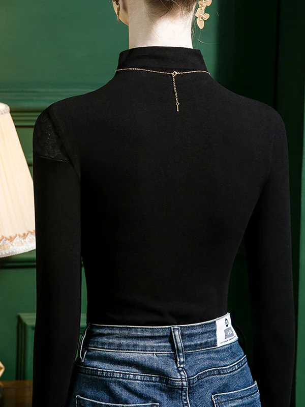 Long Sleeves Skinny Split-Joint Mock Neck T-Shirts Tops - Image 6