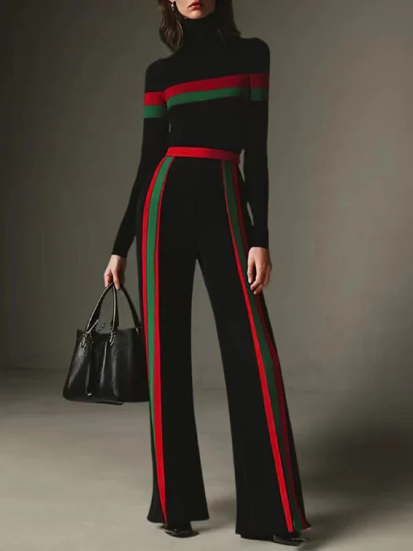 Long Sleeves Skinny Split-Joint Striped High Neck T-Shirts Tops - Image 2
