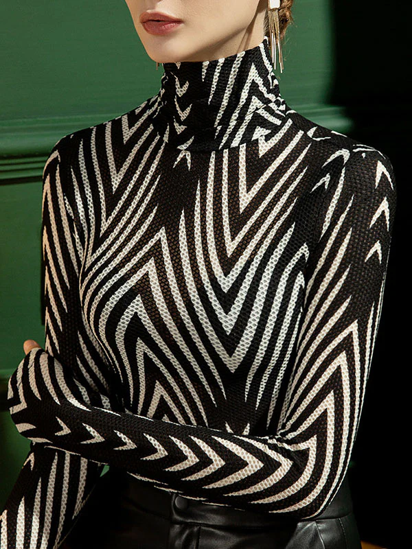 Long Sleeves Skinny Striped High-Neck T-Shirts Tops - Image 2