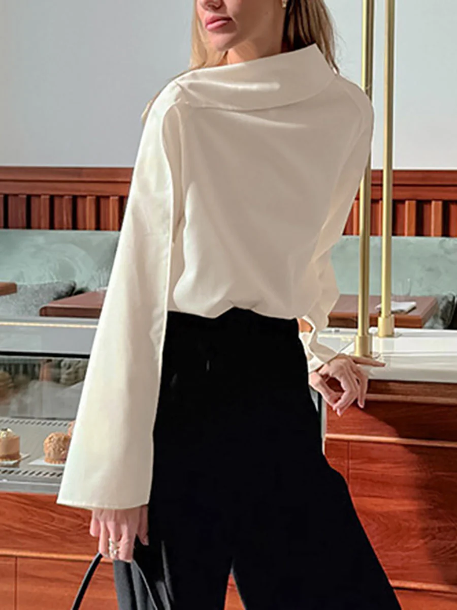 Long Sleeves Solid Color Asymmetric Collar Blouses&Shirts Tops - Image 2