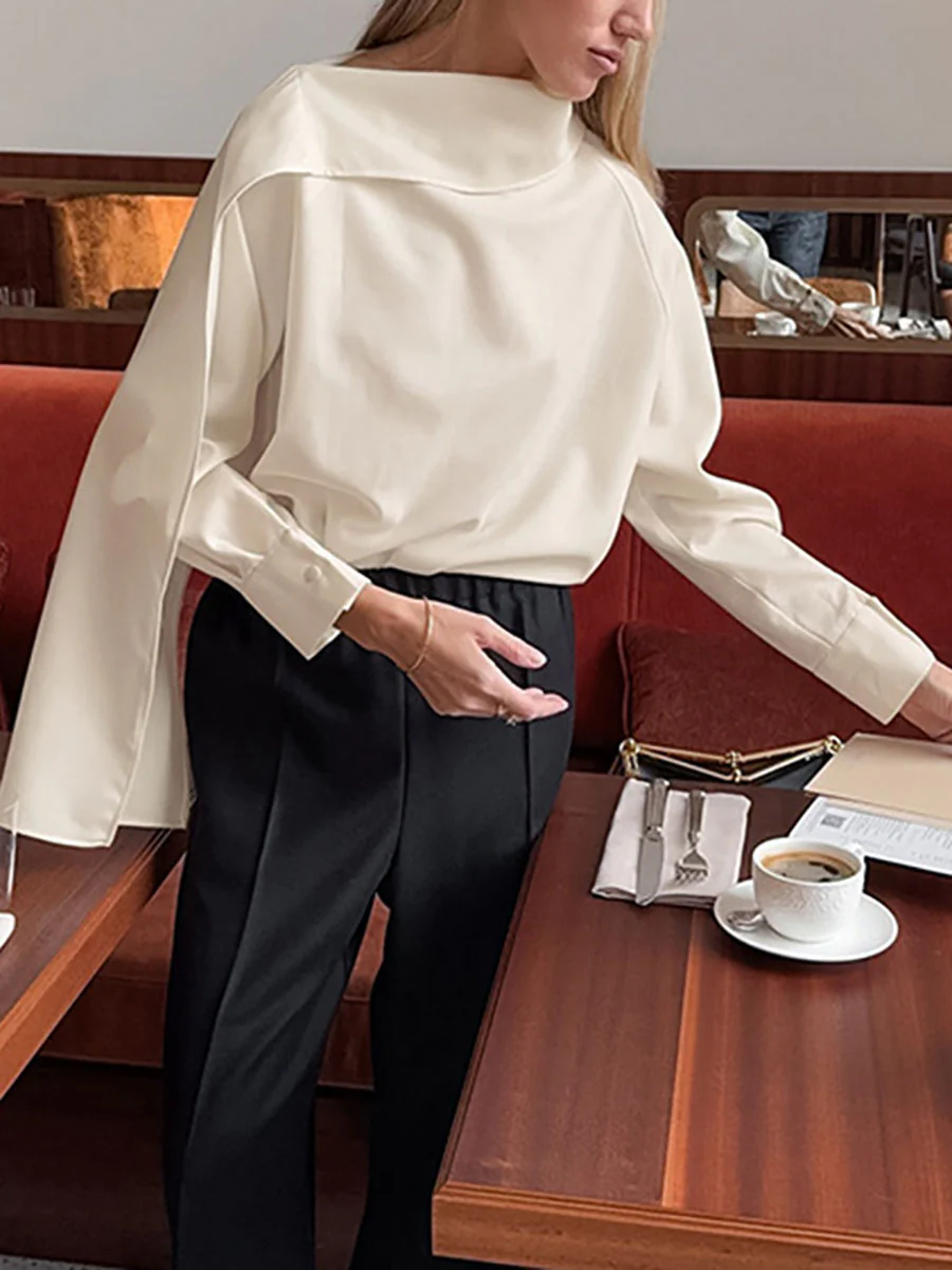 Long Sleeves Solid Color Asymmetric Collar Blouses&Shirts Tops - Image 3