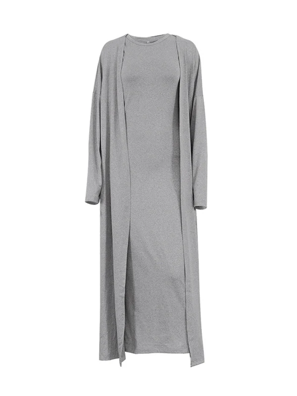 Long Sleeves Solid Color Round-Neck Inner Dress + Bodycon Outerwear Two Pieces Set - Image 15