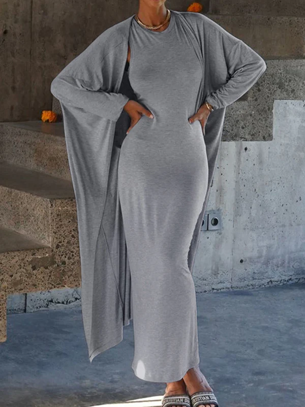 Long Sleeves Solid Color Round-Neck Inner Dress + Bodycon Outerwear Two Pieces Set - Image 2